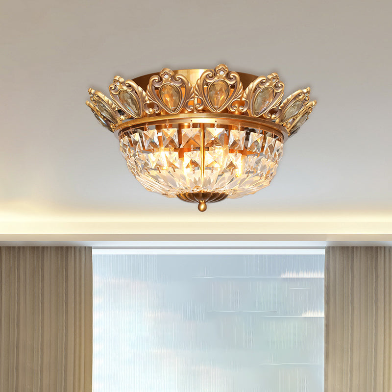 Moderne Mand Crystal Block Plafondlamp 4 Hoofden Flush Mount Verlichting in Goud voor Woonkamer