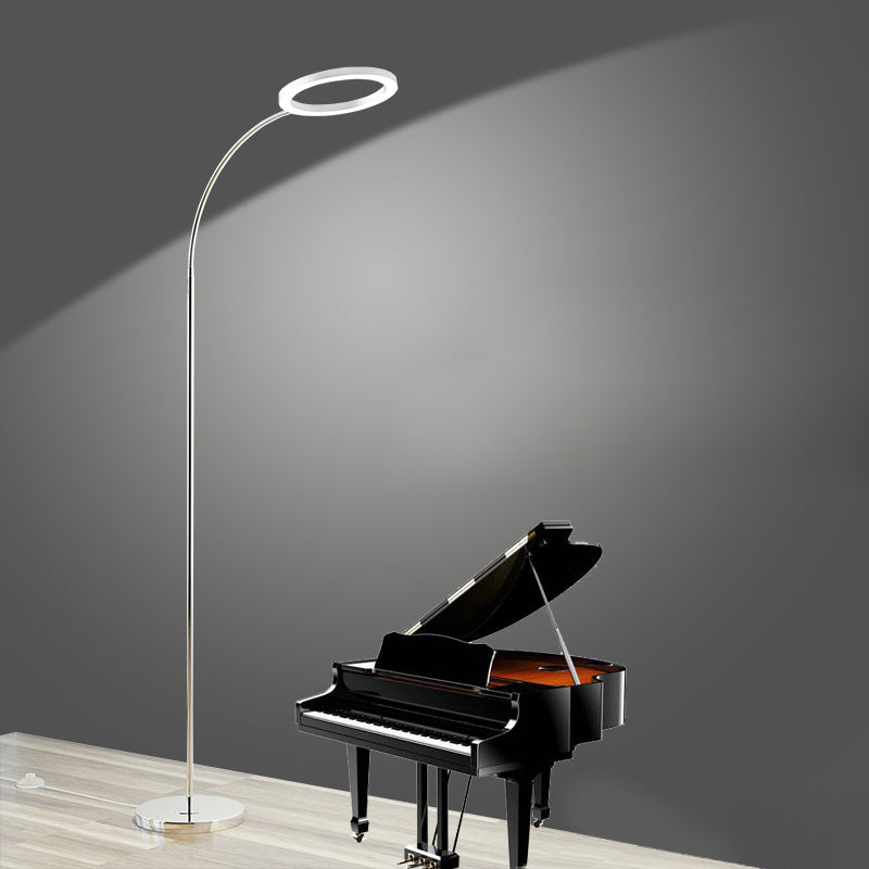 Silver Ring Shade Floor Light Simple Style Metal LED Flexible Stand Up Lamp For Bedroom