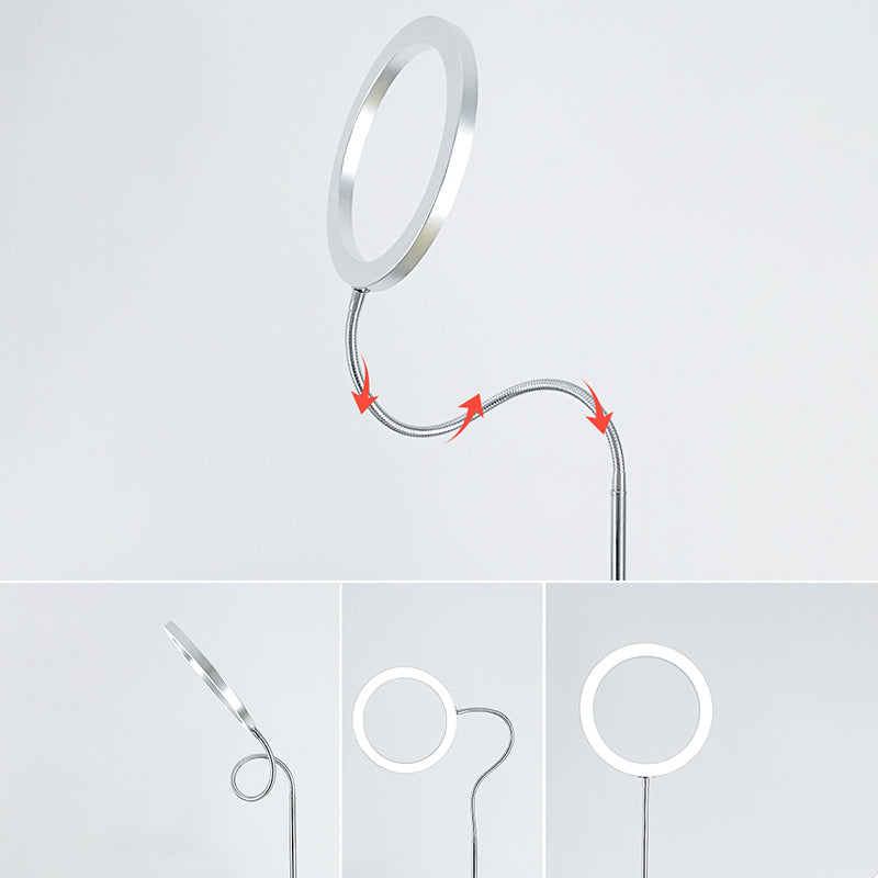 Zilveren ring schaduw Vloer Licht eenvoudige stijl metalen LED Flexibele stand -uplamp voor slaapkamer