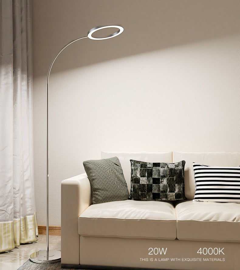 Silver Ring Shade Floor Light Simple Style Metal LED Flexible Stand Up Lamp For Bedroom