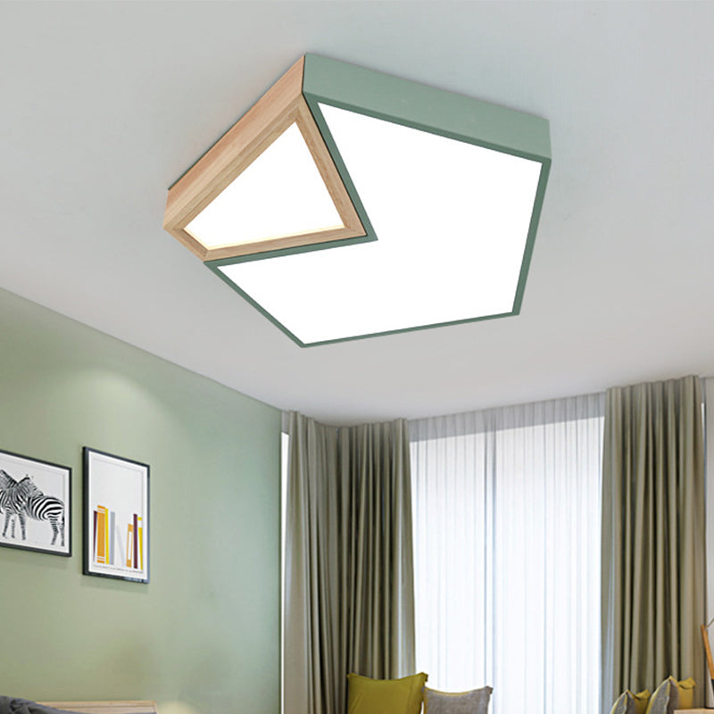 White/Green Pentagon Flushmount Lighting Contemporary Wood LED Flush Limite Light Fixture in White/Warm Light