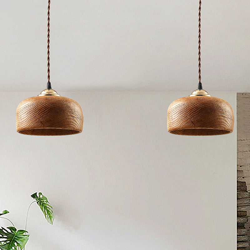 Brown Drum Ceiling Lighting Modernist 1 Bulb Wood Hanging Light Fixture for Dining Room