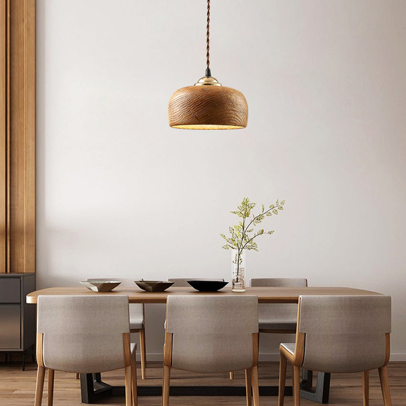 Brown Drum Ceiling Lighting Modernist 1 Bulb Wood Hanging Light Fixture for Dining Room