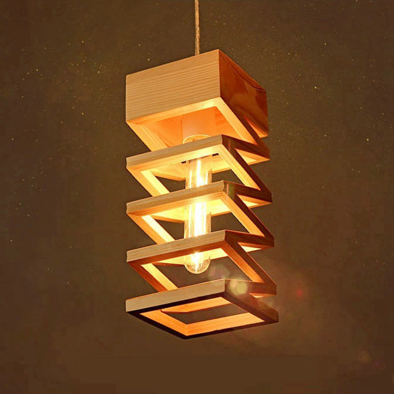 1 Head Frame Ceiling Lamp Modernism Wood Pendant Light Fixture in Beige for Living Room