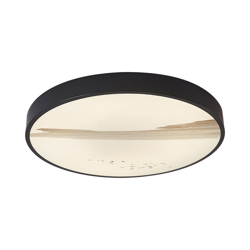 Round Dining Room Flush Lamp Metal LED Contemporary Ceiling Mounted Fixture in Black, White/Warm Light