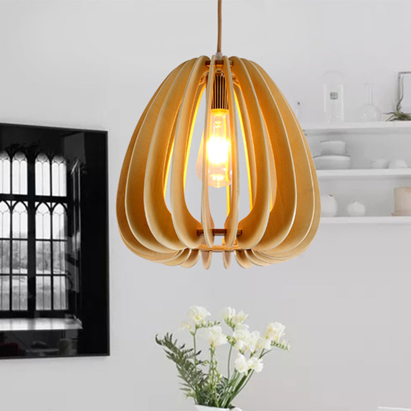 Jar Hanging Lamp Chinese Wood 1 Head Beige Pendant Light Fixture for Living Room