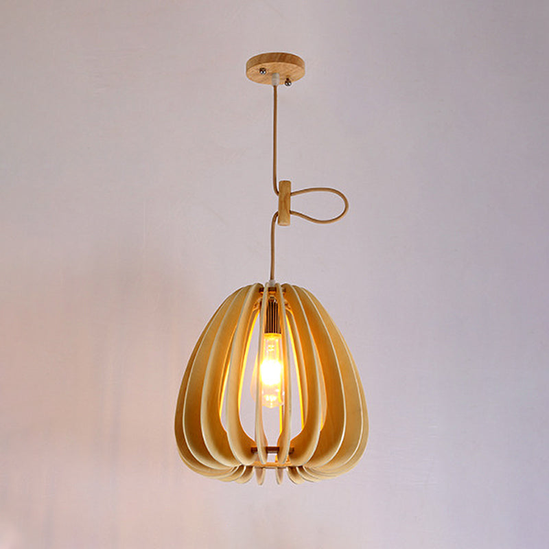 Bocal lampe suspendue bois chinois 1 tête de luminaire pendentif beige pour le salon