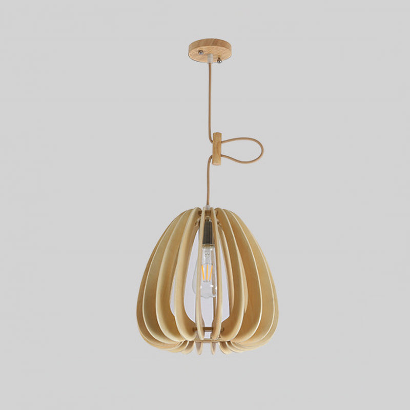 Bocal lampe suspendue bois chinois 1 tête de luminaire pendentif beige pour le salon