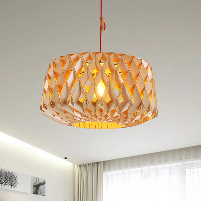 Laser Cut Hanging Light Japanese Wood 1 Head Beige Ceiling Suspension Lamp, 14"/23" Wide