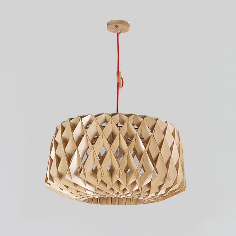 Laser Cut Hanging Light Japanese Wood 1 Head Beige Ceiling Suspension Lamp, 14"/23" Wide