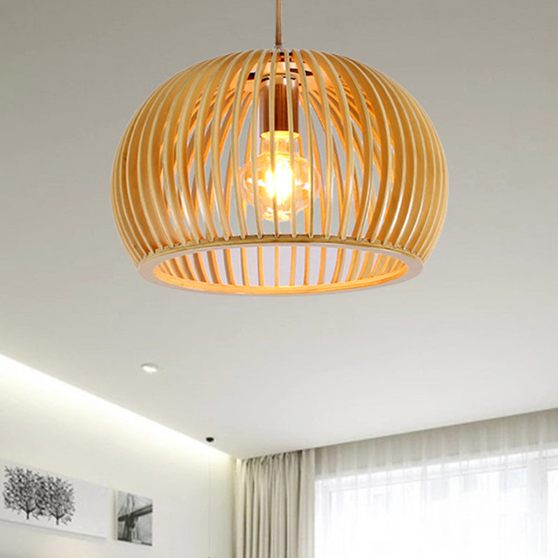 Domed Hanging Lamp Japanese Wood 1 Head Beige Ceiling Pendant Light for Living Room, 13"/18" Wide