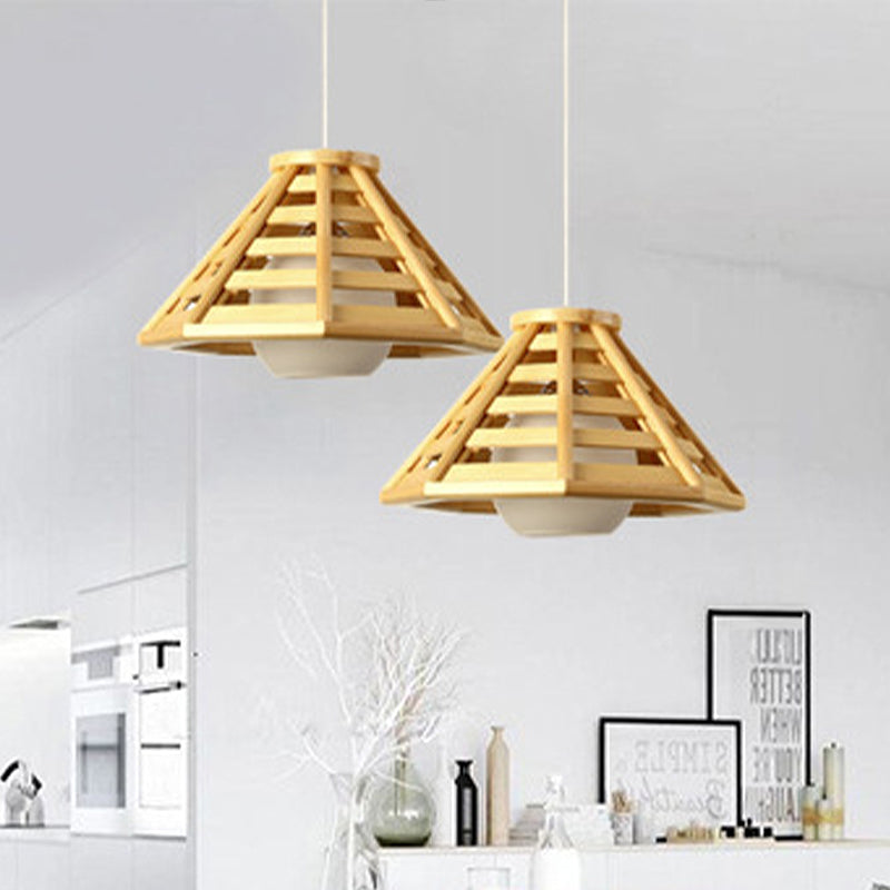 Beige Tapered Pendant Light South-East Asia 1 Bulb Wood Ceiling Suspension Lamp with Globe White Glass Shade