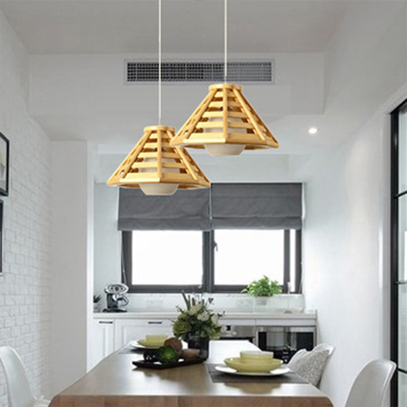 Beige Tapered Pendant Light South-East Asia 1 Bulb Wood Ceiling Suspension Lamp with Globe White Glass Shade