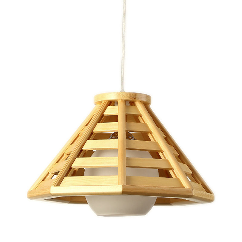 Beige Tapered Pendant Light South-East Asia 1 Bulb Wood Ceiling Suspension Lamp with Globe White Glass Shade