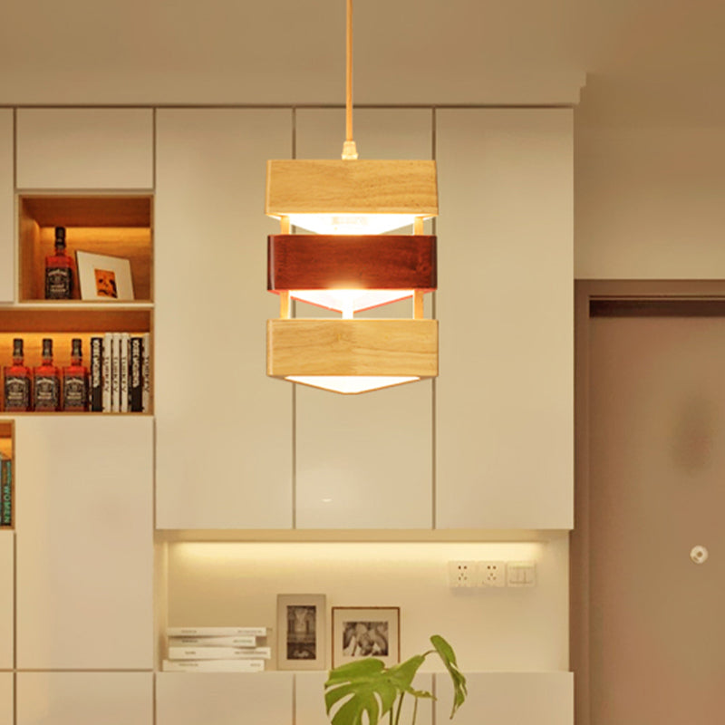 Asian 1 Head Ceiling Lamp Beige Triangular Suspension Pendant Light with Wood Shade