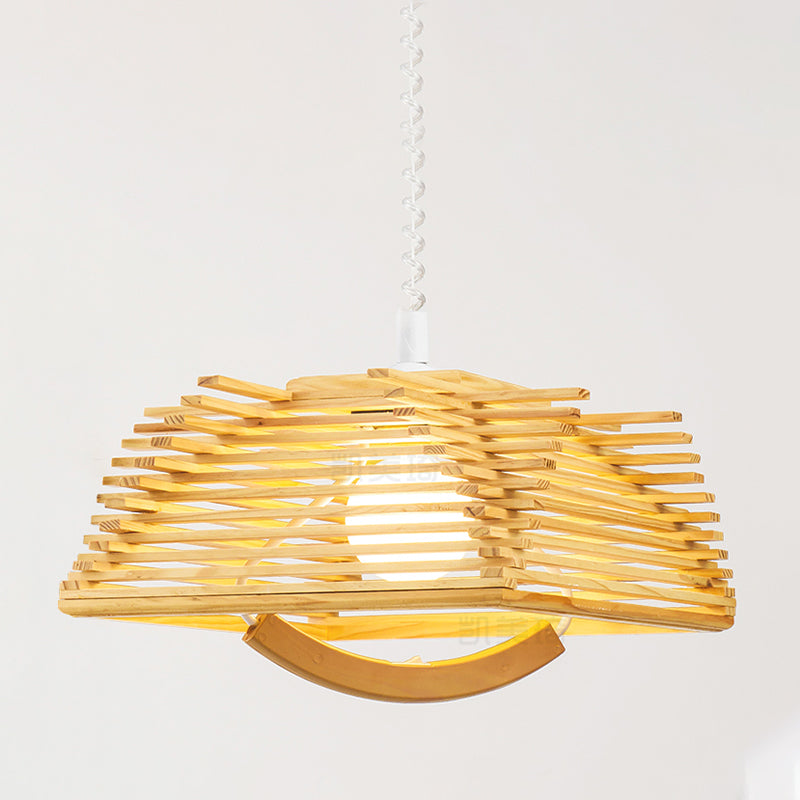 Laser Cut Pendant Lighting Japanese Wood 1 Head Ceiling Hanging Light in Beige with Spring