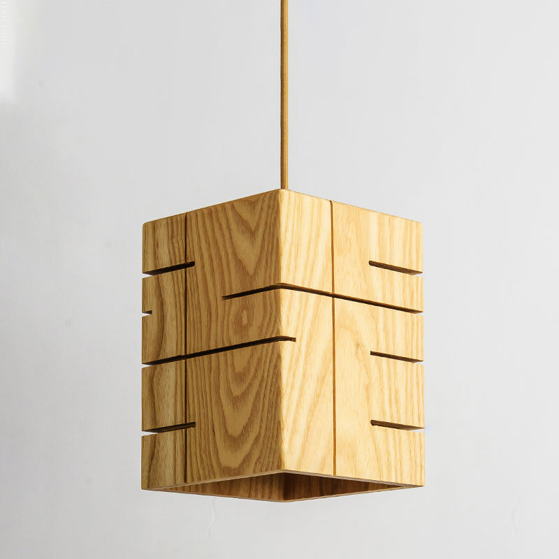 1 Head Restaurant Pendant Lamp Modern Beige Ceiling Hanging Light with Rectangular Wood Shade