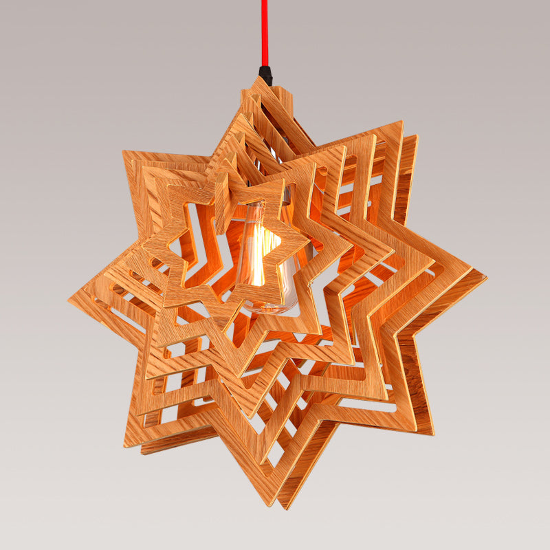 Wood Star Ceiling Lighting Japanese 1 Head Beige Hanging Pendant Light for Dining Room