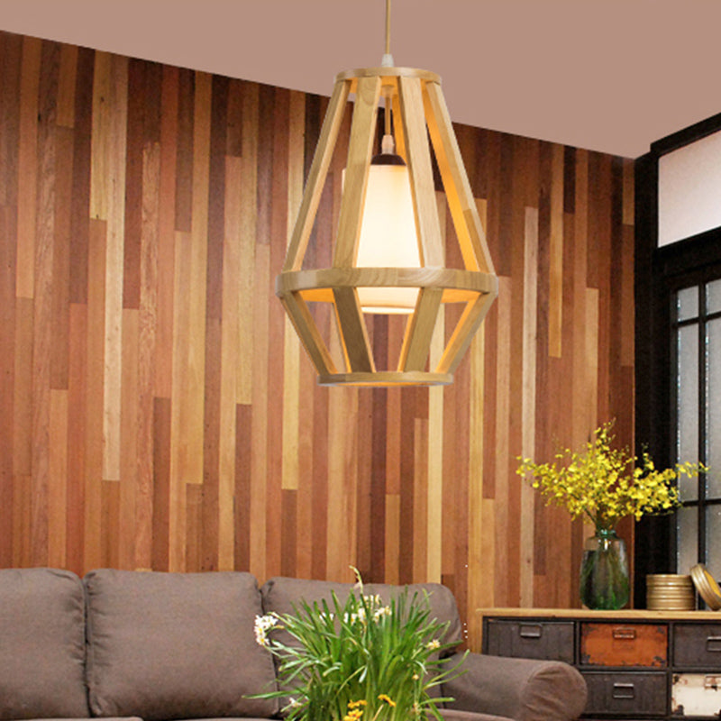 Asian Cage Pendant Light Wood 1 Bulb Suspended Lighting Fixuture in Beige with Inner Cylinder White Shade
