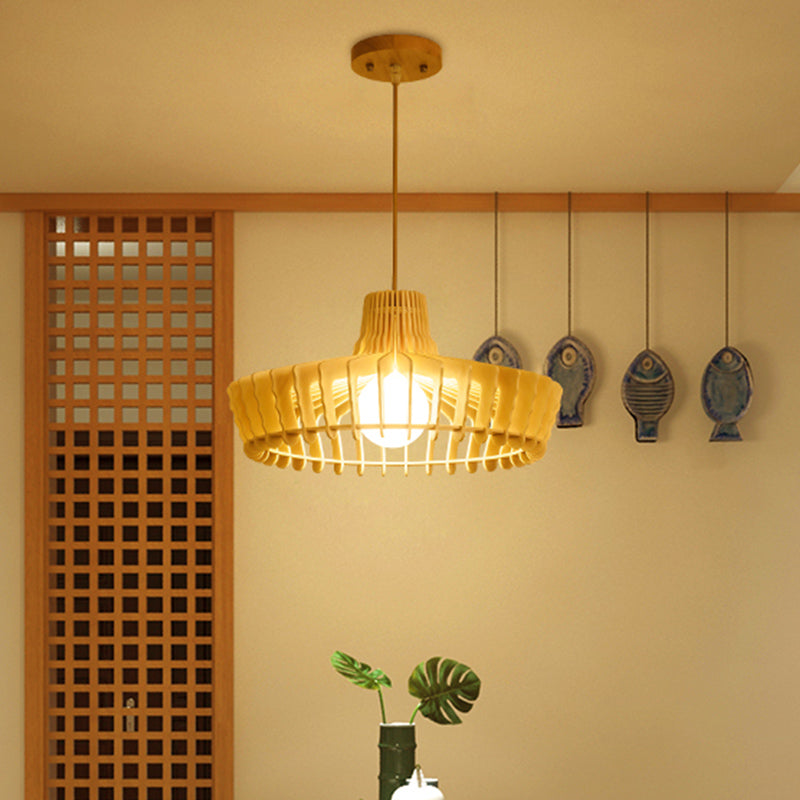 South-East Asia Hat Hanging Lamp Wood 1 Bulb Ceiling Pendant Light in Beige for Restaurant