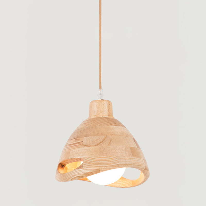 Contemporary 1 Head Pendant Lighting Beige Flared Hanging Light Fixture with Wood Shade