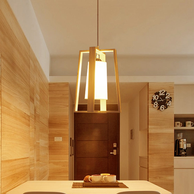 Trapezoid Pendant Light Asia Wood 10"/11" Wide 1 Head Beige Ceiling Suspension Lamp with Cylindrical Fabric Shade