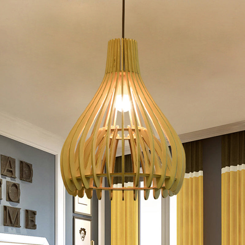 Chinese Pear-Shaped Pendant Lighting Wood 1 Head Ceiling Hanging Light in Beige