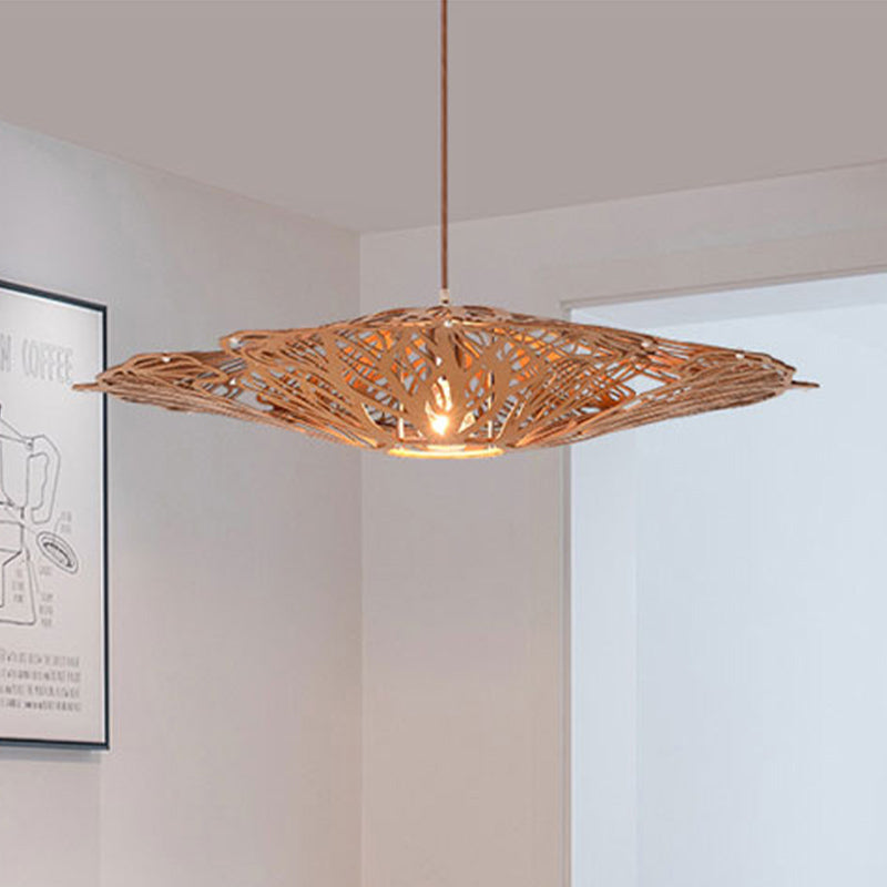 1 Head Dining Room Pendant Light Asia Beige Suspended Lighting Fixture with Laser Cut Wood Shade