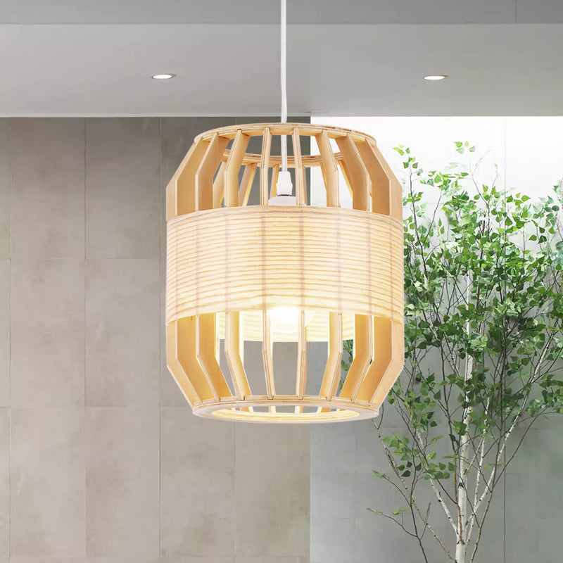 Barrel Ceiling Lamp Chinese Wood 1 Head Beige Hanging Light Fixture for Living Room, 9"/13" Wide