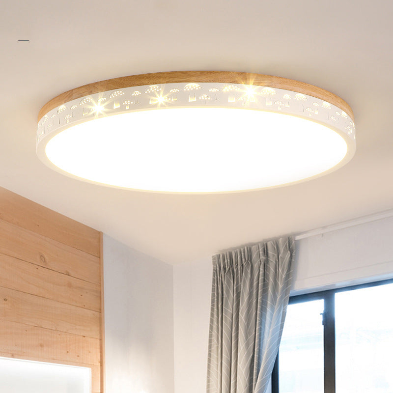 Wood Circle Flush Light Fixture Modernist LED White Ceiling Mount Lamp with Acrylic Diffuser in White/Warm Light, 12"/16"/19.5" Wide