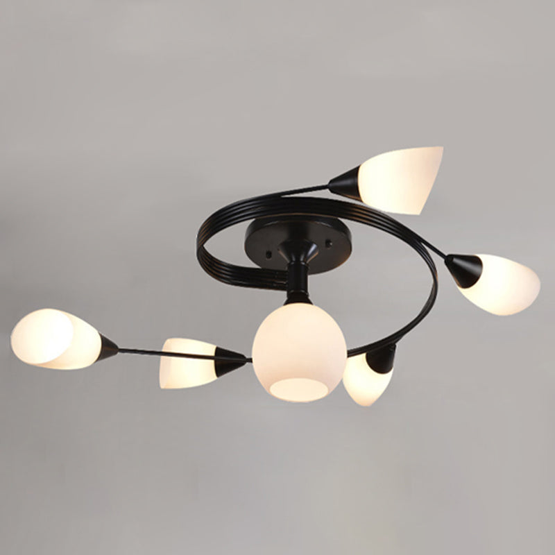 Black Radial Semi Flush Mount in Traditional Style Wrought Iron Ceiling Light with Glass Shade