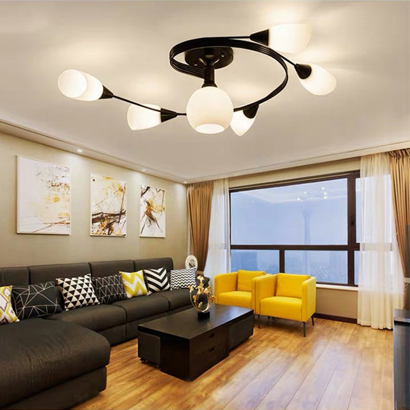 Black Radial Semi Flush Mount in Traditional Style Wrought Iron Ceiling Light with Glass Shade