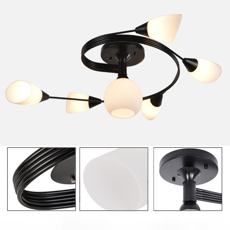 Black Radial Semi Flush Mount in Traditional Style Wrought Iron Ceiling Light with Glass Shade