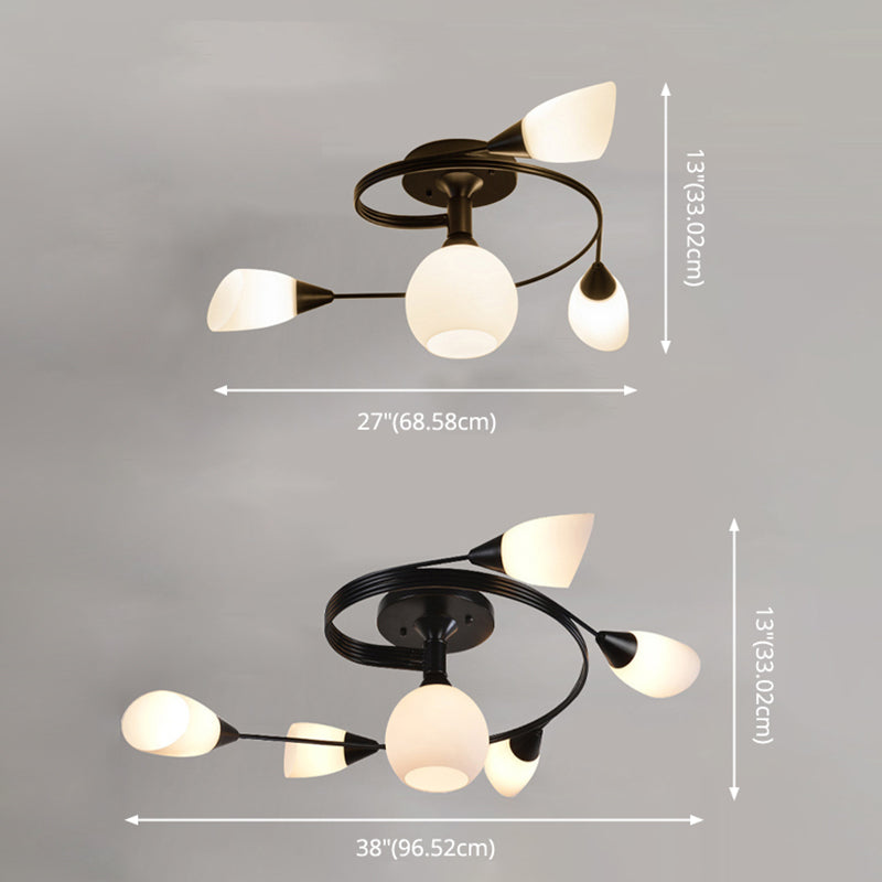 Black Radial Semi Flush Mount in Traditional Style Wrought Iron Ceiling Light with Glass Shade