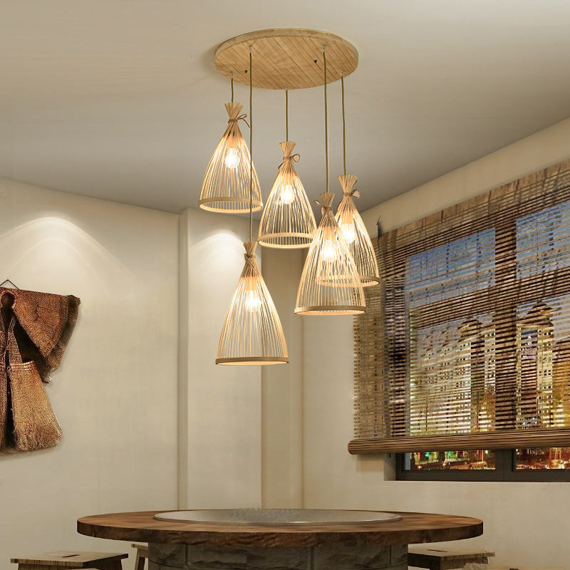 Chinese Conical Pendant Lighting Fixtures Rattan Hanging Light with Hanging Cord for Restaurant