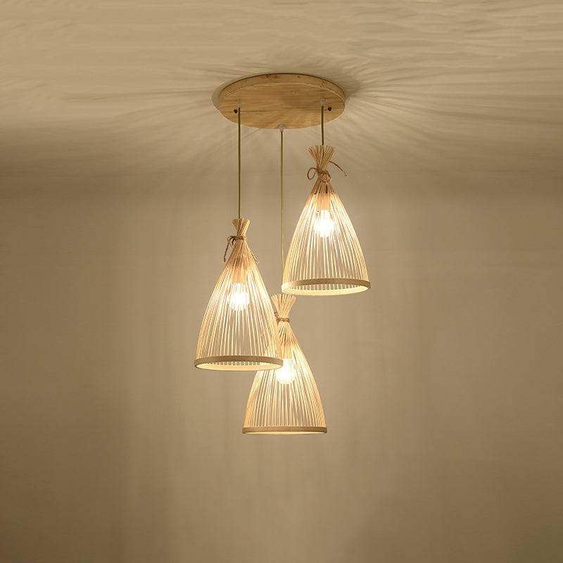 Chinese Conical Pendant Lighting Fixtures Rattan Hanging Light with Hanging Cord for Restaurant