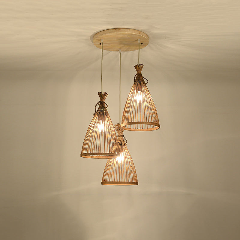 Chinese Conical Pendant Lighting Fixtures Rattan Hanging Light with Hanging Cord for Restaurant