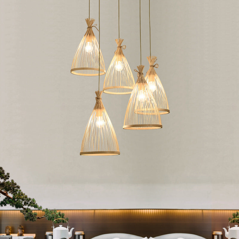 Chinese Conical Pendant Lighting Fixtures Rattan Hanging Light with Hanging Cord for Restaurant