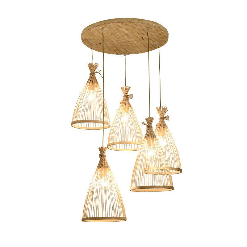 Chinese Conical Pendant Lighting Fixtures Rattan Hanging Light with Hanging Cord for Restaurant