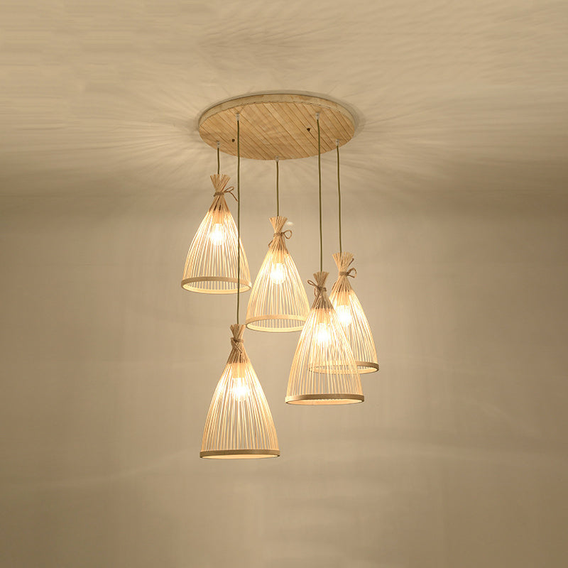 Chinese Conical Pendant Lighting Fixtures Rattan Hanging Light with Hanging Cord for Restaurant