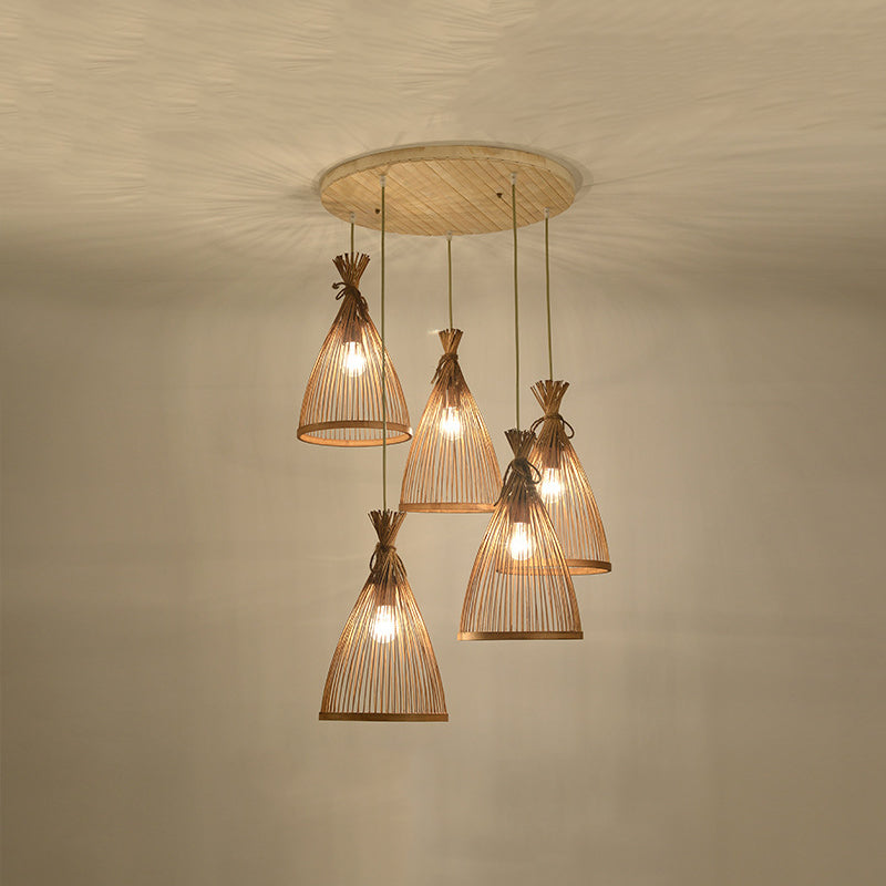 Chinese Conical Pendant Lighting Fixtures Rattan Hanging Light with Hanging Cord for Restaurant