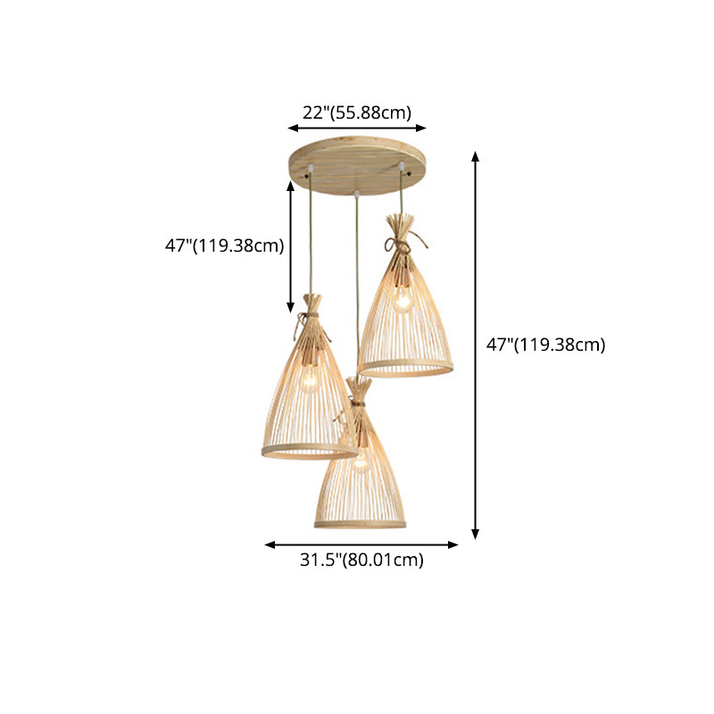 Chinese Conical Pendant Lighting Fixtures Rattan Hanging Light with Hanging Cord for Restaurant