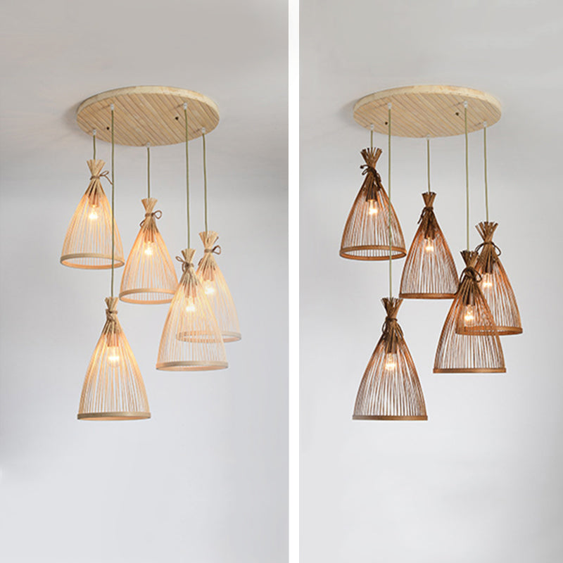 Chinese Conical Pendant Lighting Fixtures Rattan Hanging Light with Hanging Cord for Restaurant