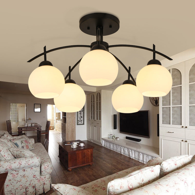 Black Sputnik Semi Flush Mount in Traditional Style Wrought Iron Ceiling Light with Glass Shade