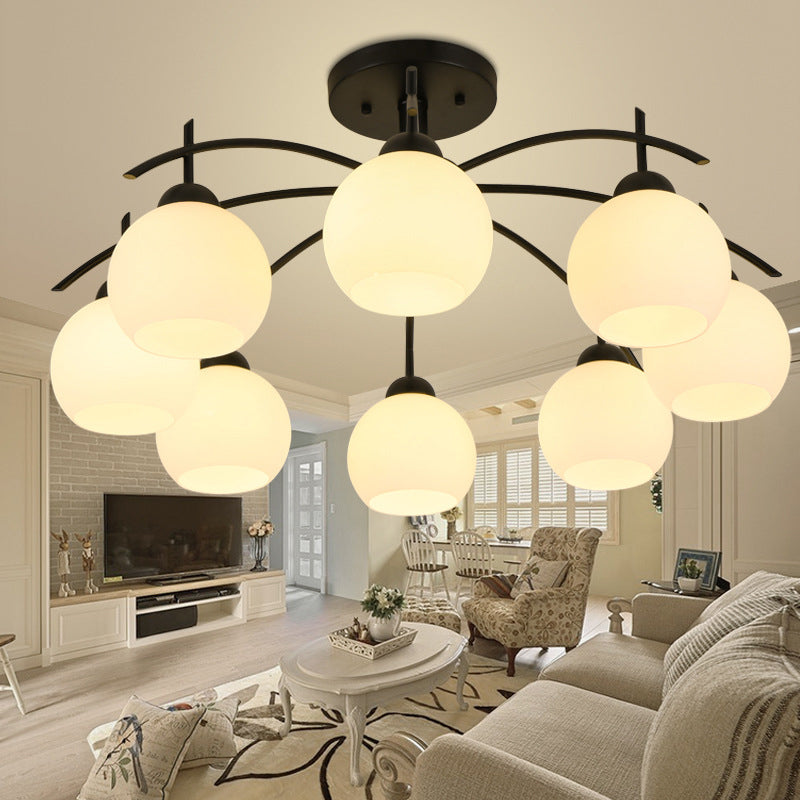 Black Sputnik Semi Flush Mount in Traditional Style Wrought Iron Ceiling Light with Glass Shade