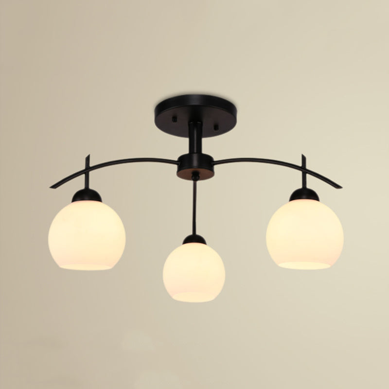 Black Sputnik Semi Flush Mount in Traditional Style Wrought Iron Ceiling Light with Glass Shade