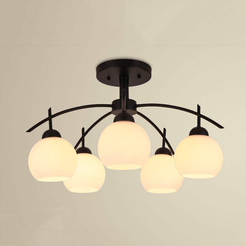 Black Sputnik Semi Flush Mount in Traditional Style Wrought Iron Ceiling Light with Glass Shade