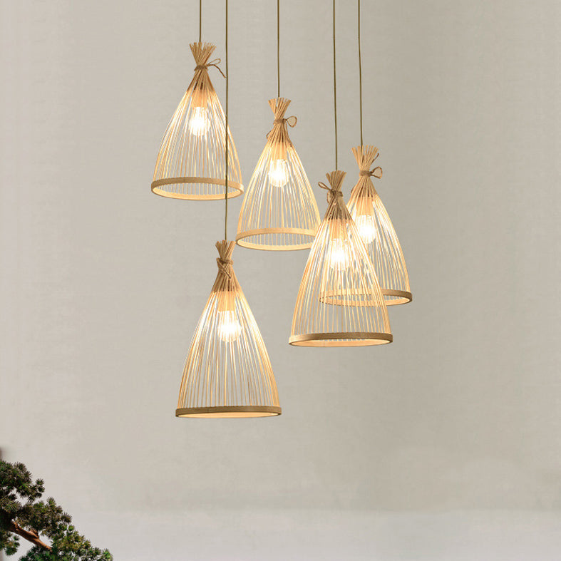 Chinese Conical Pendant Lighting Fixtures Rattan Hanging Light with Hanging Cord for Restaurant