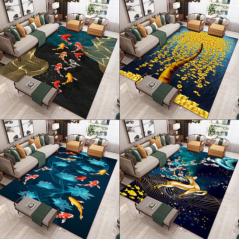 Black Tone Vintage Area Rug Polyester Animals Print Rug Washable Indoor Rug for Living Room