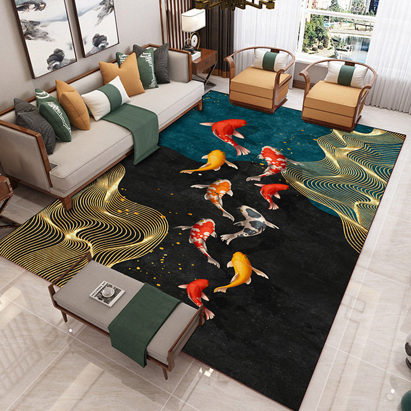 Black Tone Vintage Area Rug Polyester Animals Print Rug Washable Indoor Rug for Living Room